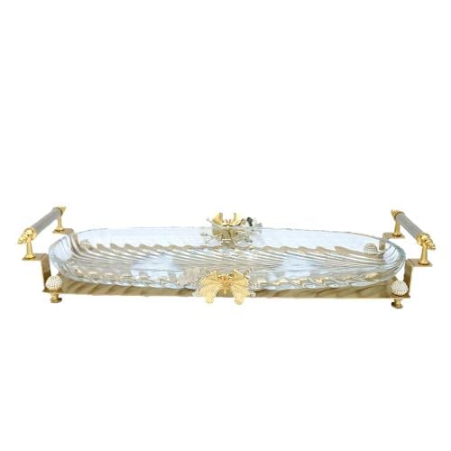 صينية تقديم الفراشة زجاج قاعدة ذهبي وفضي