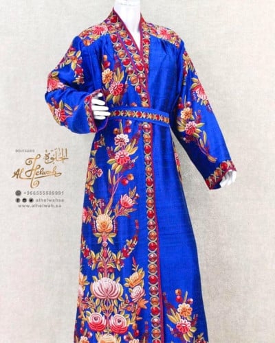 روب حرير تطريز يدوي كشميري (أزرق)