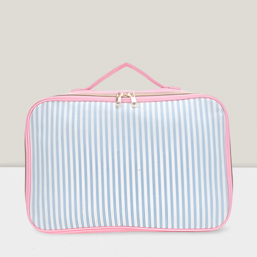 Sky Blue Striped With Pink details Makeup Bag