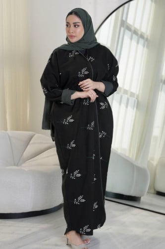 عباية مططرزة اوراق - زيتي