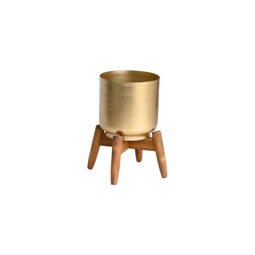 Golden plant containers with wooden base