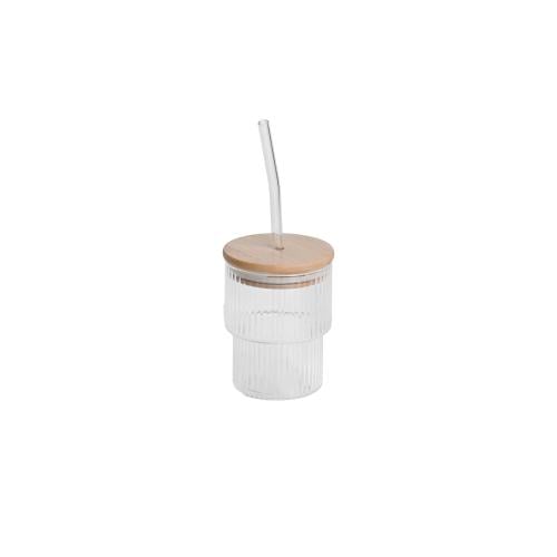 Glass cup with wooden lid and straw