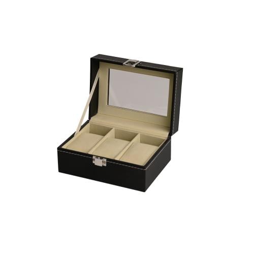 Black leather watch box, holds 3 watches