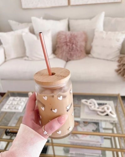 كوب زجاج شفاف بغطاء خشبي 12 اوز مع الكتابة