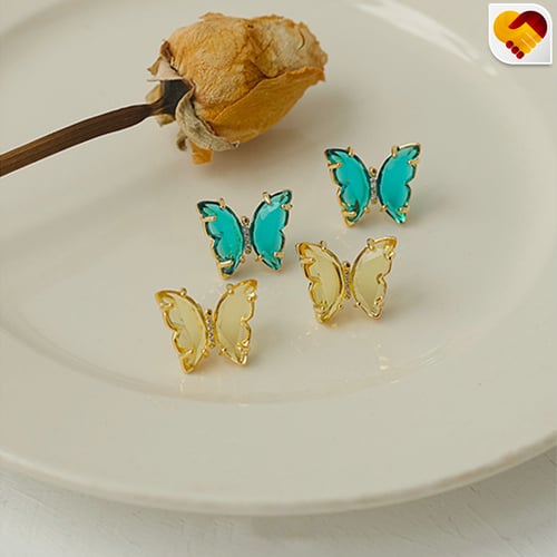 حلق فراشة لامع باللون التركوازي والاصفر