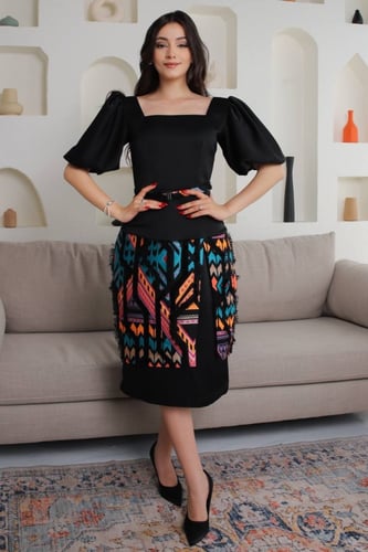 فستان اسود ممزوج بألوان مميزة واكمام منفوخة