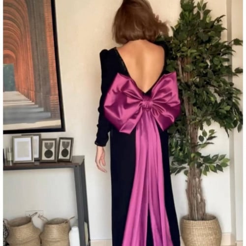 فستان كريب اسود فيونكة من التفته