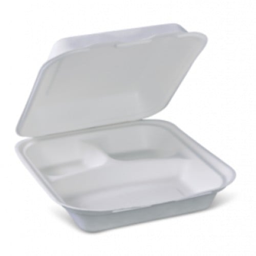 علب فلين بغطاء متصل للوجبات 3 أقسام أبيض - 100 حبة