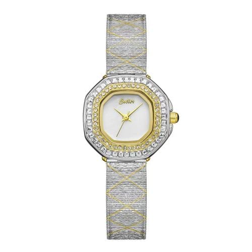 ساعة نسائية فاخرة باللونين الفضي والذهبي مرصعة بال...