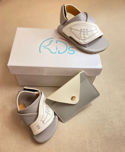 طقم نعال زبيري للاطفال و محفظة - الرمادي