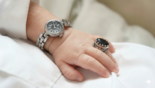 شكل ساعة مواليد مع خاتم ( الساعة غير حقيقية)