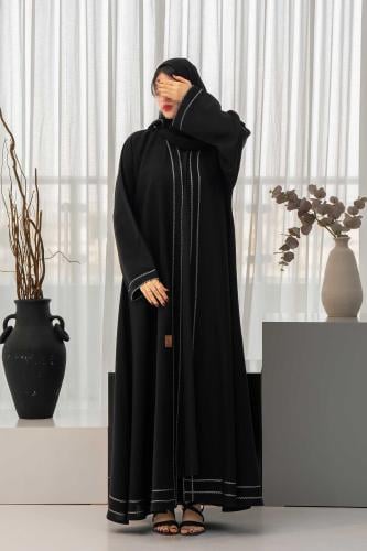 عباية سوداء كلوش ناعمة بقيطان فضي