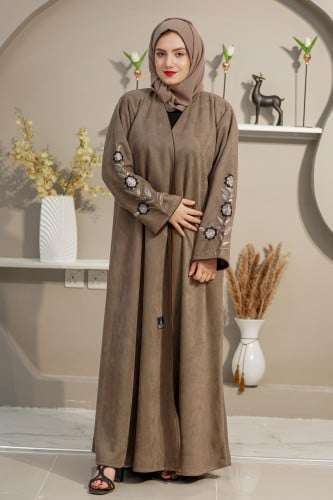 عباية شاموه رمادي مع تدخيلات تطريز على الأكمام