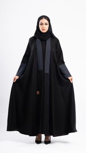 عباية نهى مزينة بقماش جاكار كحلي مع قيطان