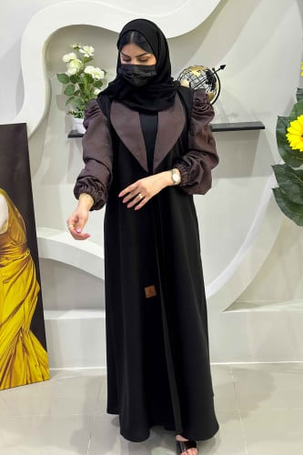 عباية زاهية كلاسيك مع تدخيلات قماش بني مطرز