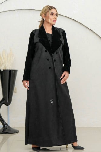 عباية شاموة أسود مع تدخيلات مخمل أسود ع الكم واليا...