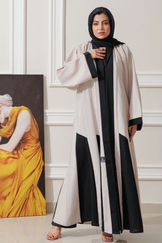 عباية زاهية كلوش مع تدخيلات قماش بيج مع أسود