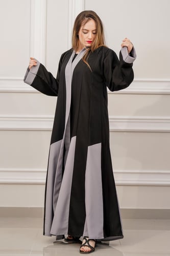 عباية كلوش مع تدخيلات قماش أسود مع رمادي