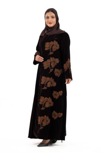 عباية وهاجة بني بقماش مخمل بني غامق