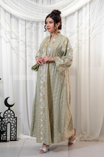 جلابية رمضانية باللون تفاحي مع تطريز وشك