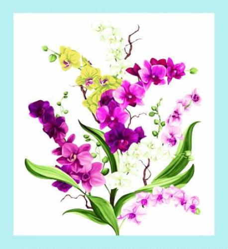 قماش بطبعة زهور الاوركيد بخلفية بيضاء