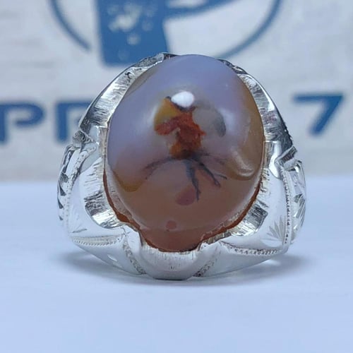 خاتم فضة بحجر عقيق مزهر صياغة مميزة عيار 925