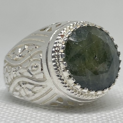 خاتم فضة عيار 925 ب حجر زفير اخضر صياغة 3D