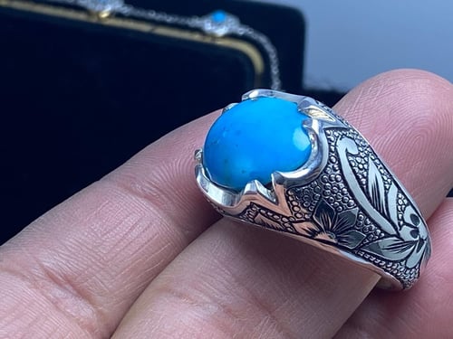خاتم فضة عيار ٩٢٥ بفص فيروز طبيعي