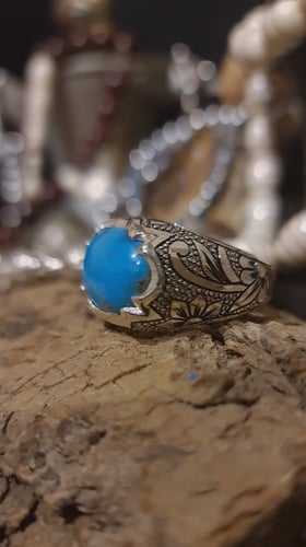 خاتم فيروز دمغاني طبيعي صياغة برتاش قلم زني فضة عي...