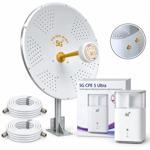 بكج الفهد (انتينا ميمو 32 ديبي الذهبي - راوتر CPE 5 Ultra - صحن 70 سم - كيبل LMR300)