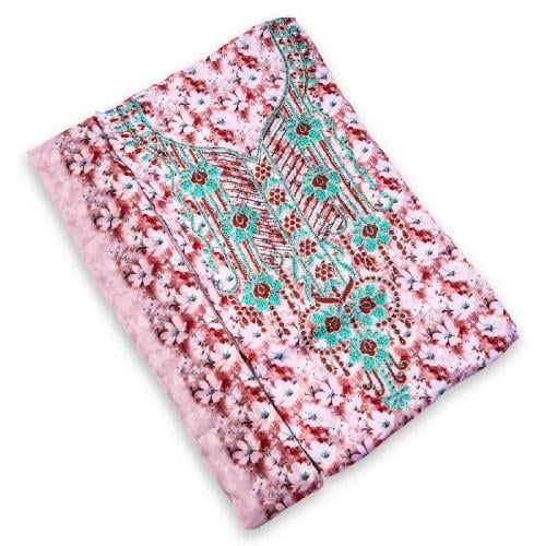 Cotton satin headband with dense pink pattern and long chest embroidery – with a hijab