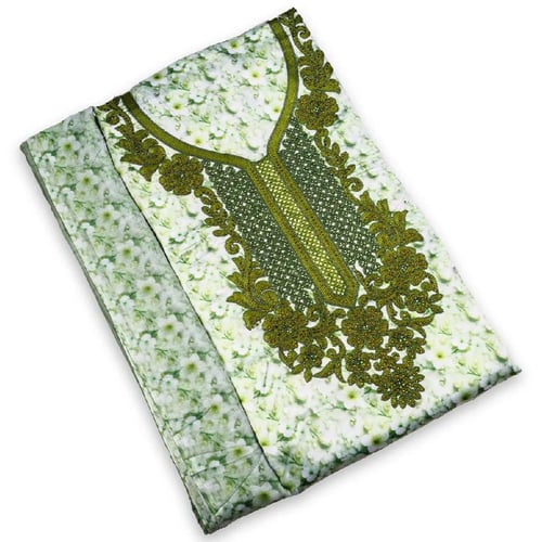A head covering with a green pattern, olive embroidery, and a headscarf.