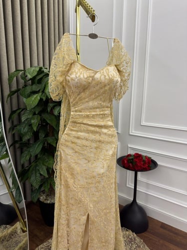 فستان سهره ذهبي دانتيل راقي