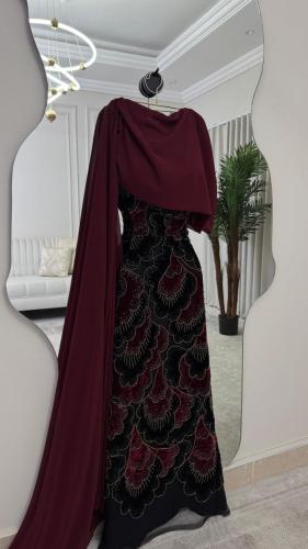 فستان سهره مخمل وشيفون عنابي فخم