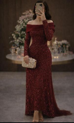 فستان ميلانه سهره عنابي دانتيل