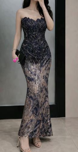 فستان هيفا سهره كحلي وذهبي فخم