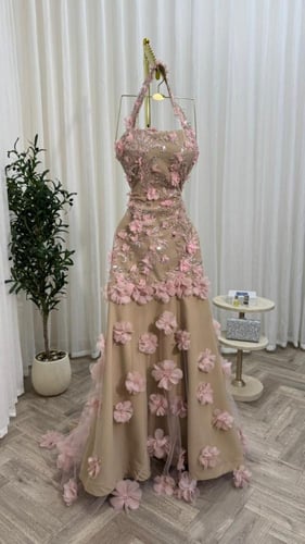 فستان سهره فخم بيج وردي