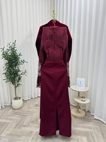 فستان سهره برغندي ناعم قطعتين جوخ ودانتيل