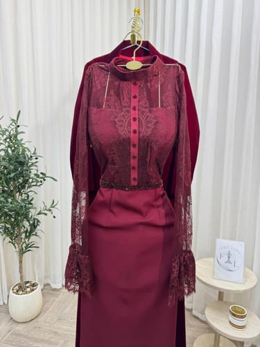 فستان سهره برغندي ناعم قطعتين جوخ ودانتيل