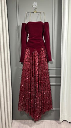 فستان سهره فخم عنابي جوخ وخرز