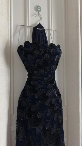 فستان سهره كحلي مخمل قطيفي وخرز