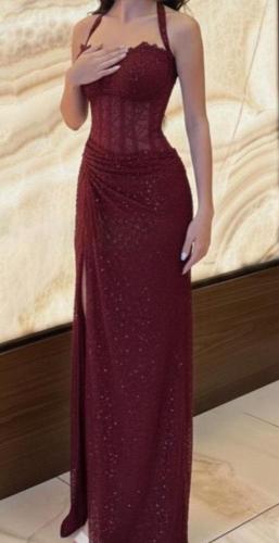 فستان سهره عنابي نارين