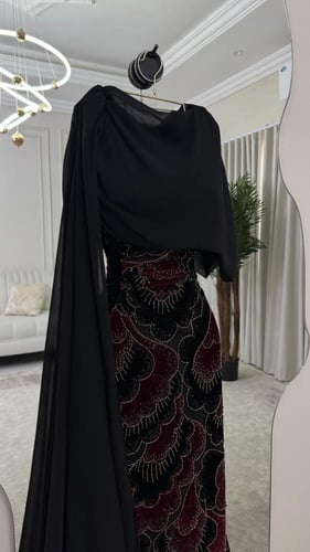 فستان سهره مخمل وشيفون اسود فخم