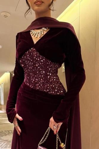 فستان سهره مخمل عنابي