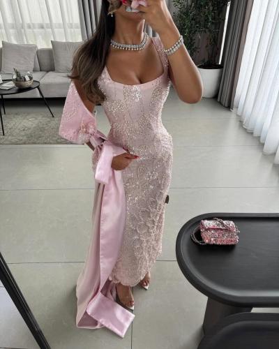 فستان سهره فخم وردي