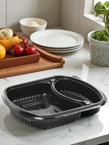 صحن مايكرويف أسود - غطاء شفاف - قسمين