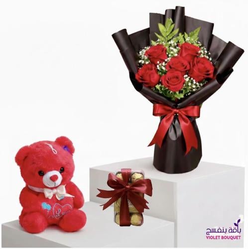 باقة / عيد ميلاد متكاملة مع ورد الجوري الاحمر مع ش...