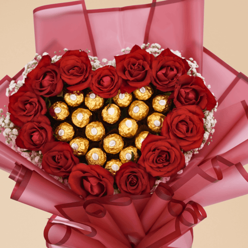 قلب أحمر مع مفاجأة ذهبية – باقة ورد أحمر فاخرة مع...