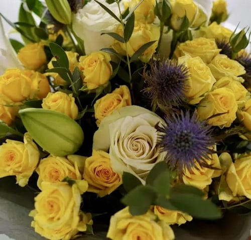 شمس الأمل – باقة ورد صفراء مع كازابلانكا وأوكالبتو...