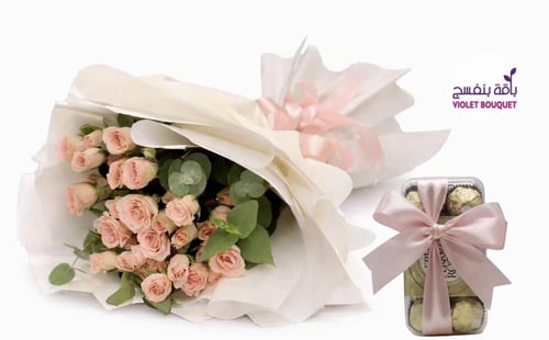 باقة / همسة وردية ورد بيبي جوري مع شوكلاتة فيريرو...